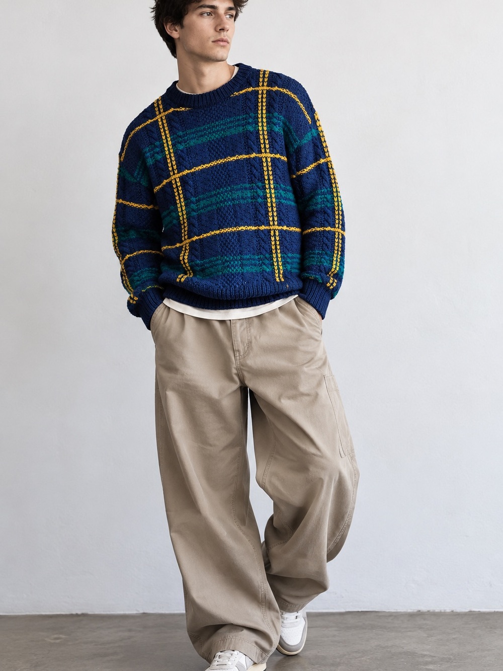 Vintage Hand Knit Collection Wool Sweater Men’s XL Navy Blue Plaid Chunky Knit